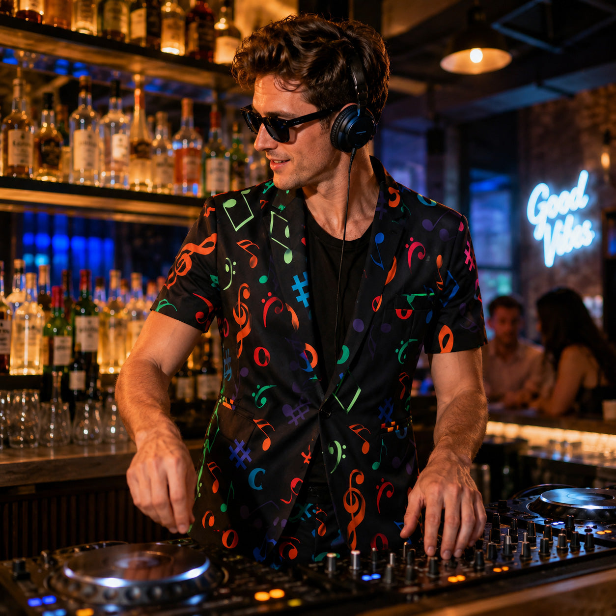 A male DJ wearing a black short-sleeve blazer with neon music notes playing music on a turntable at a nightclub bar.