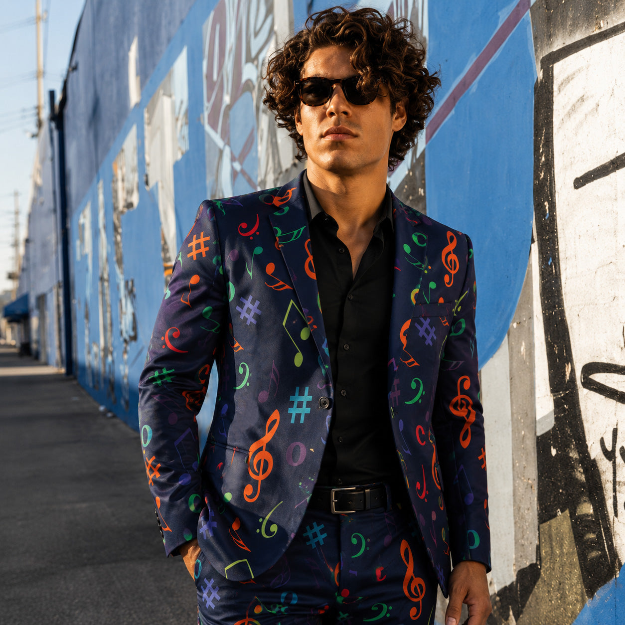 A confident man with curly hair and sunglasses posing in a Wisholic navy blue men's printed suit with colorful music notes, against a blue street graffiti wall background.