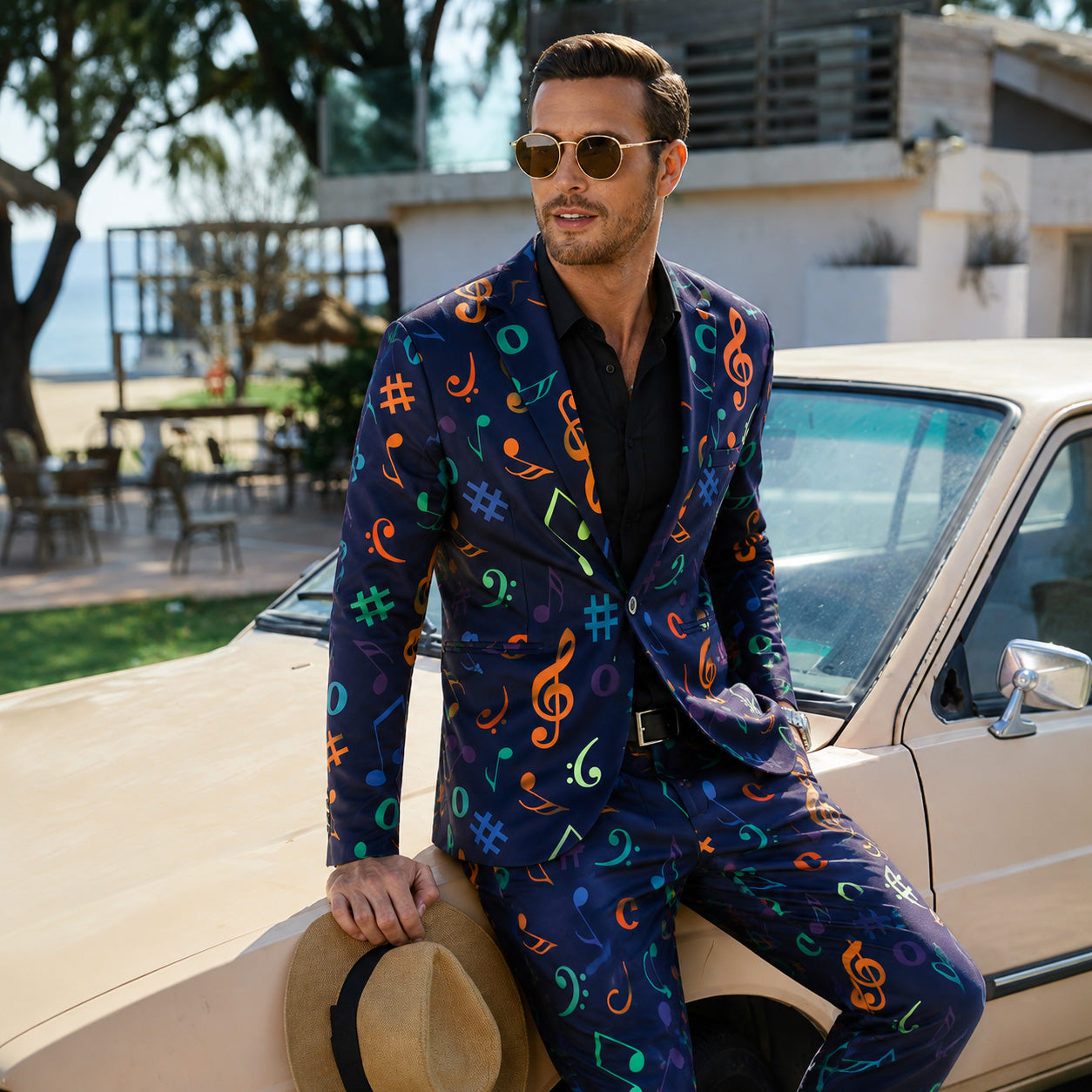A stylish man in sunglasses sitting on a vintage cream car, wearing a Wisholic navy blue music-themed printed suit and holding a straw hat at a beach resort.