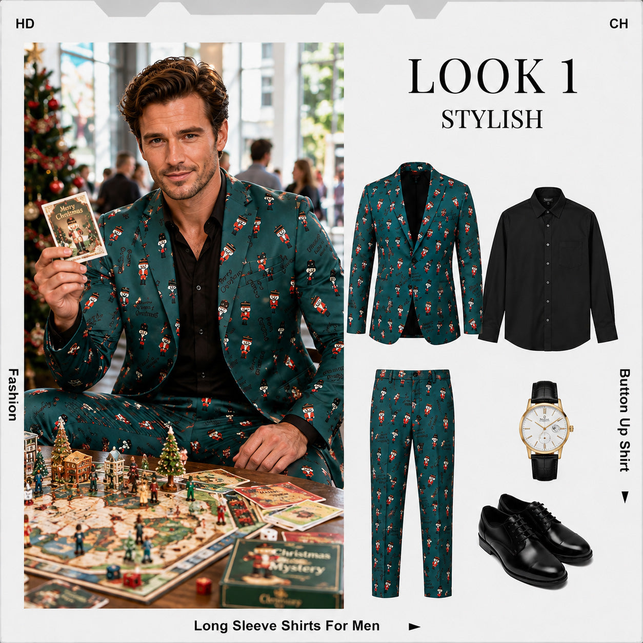 Styling guide showing green nutcracker suit with matching pants and black shirt, by WISHOLIC