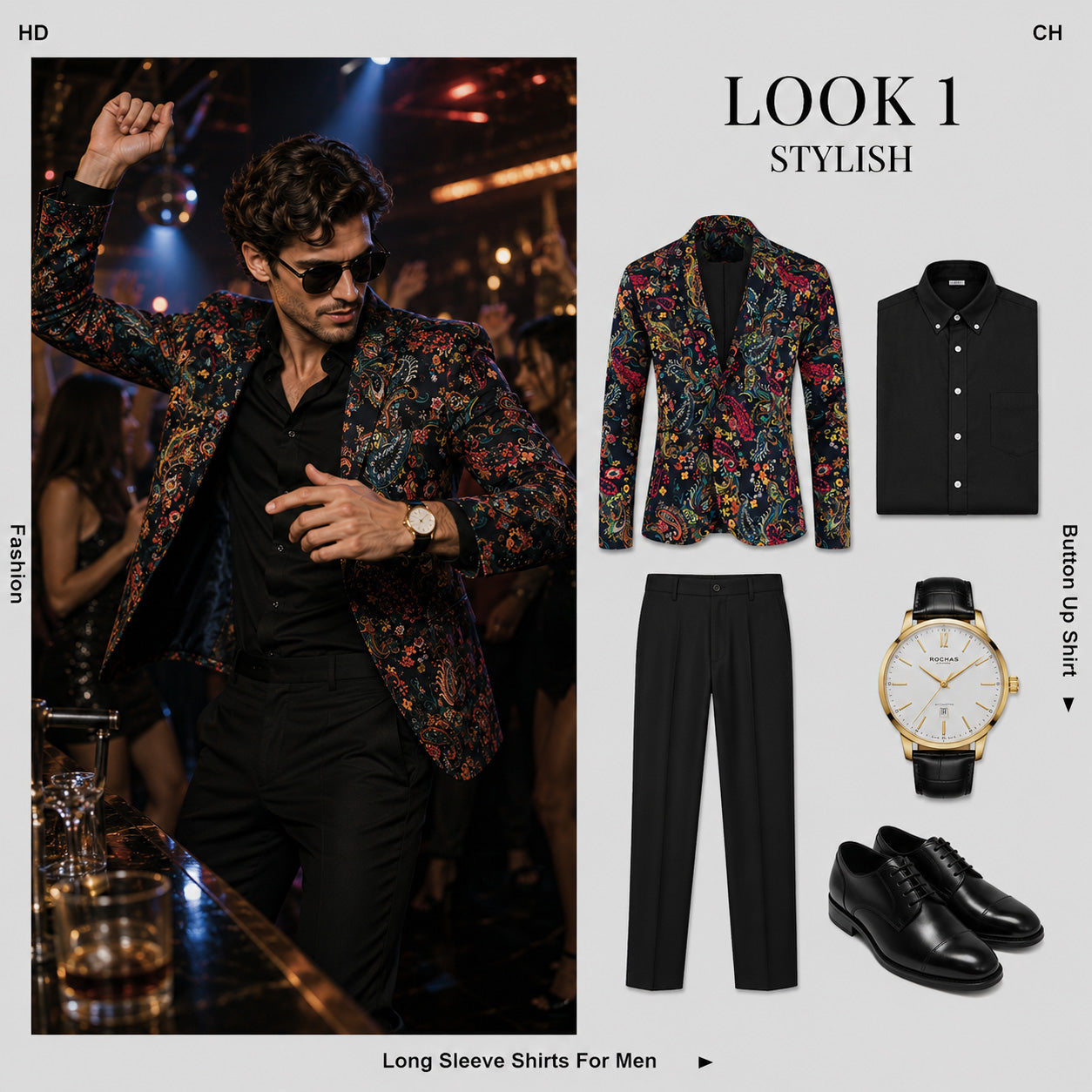 Style guide showing a men's floral paisley blazer paired with sleek black dress trousers, button-up shirt, and leather shoes for night party wear.