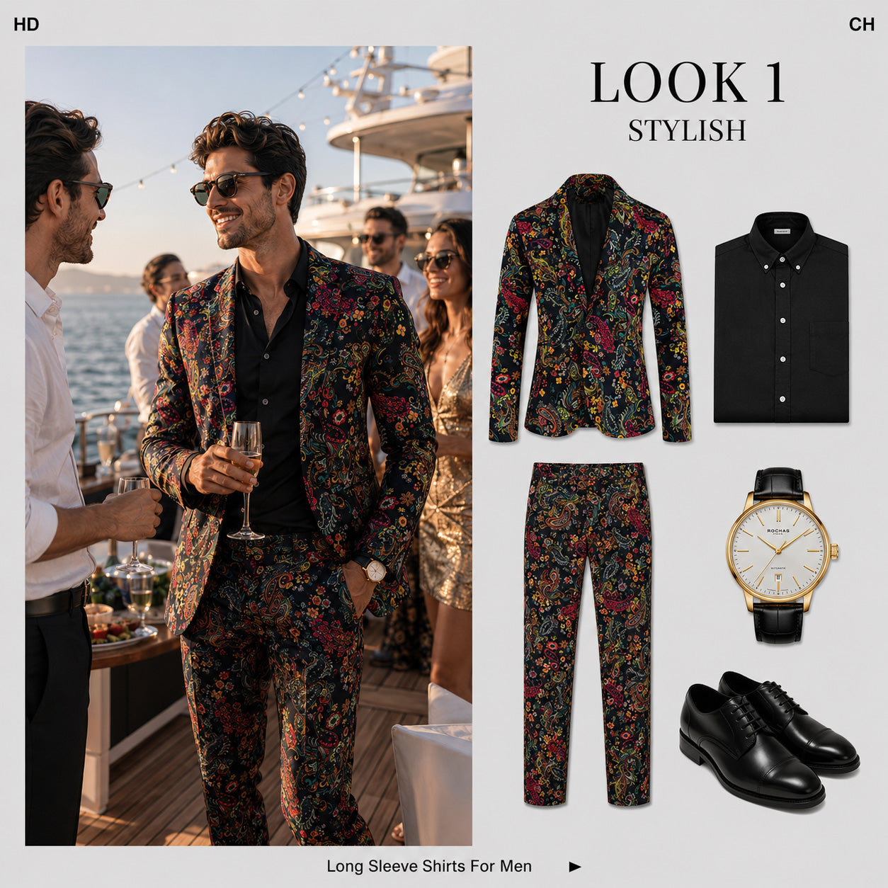 Men's stylish outfit collection featuring a full paisley suit jacket and pants set, black dress shirt, gold watch, and black leather oxford shoes.