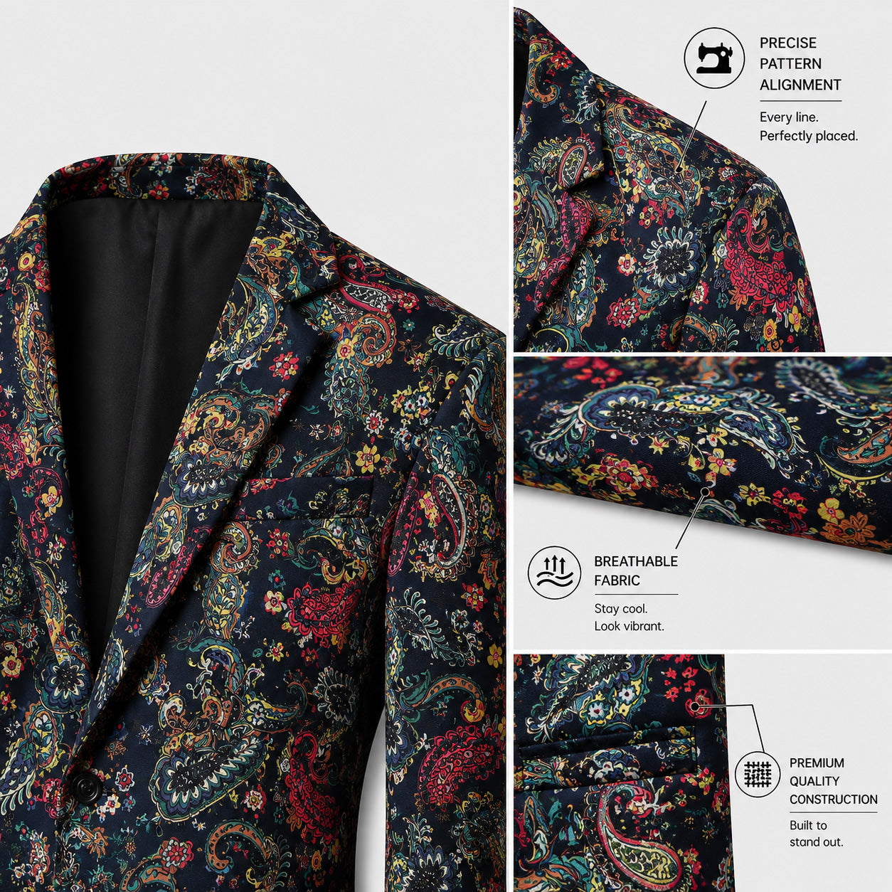 Close-up details of a high-quality men's paisley suit highlighting precise pattern alignment, premium breathable fabric, and tailored construction.