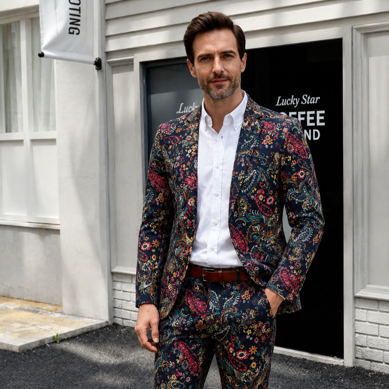 Smart casual men's look featuring a multicolor paisley blazer and trousers styled with a crisp white dress shirt and a brown leather belt.