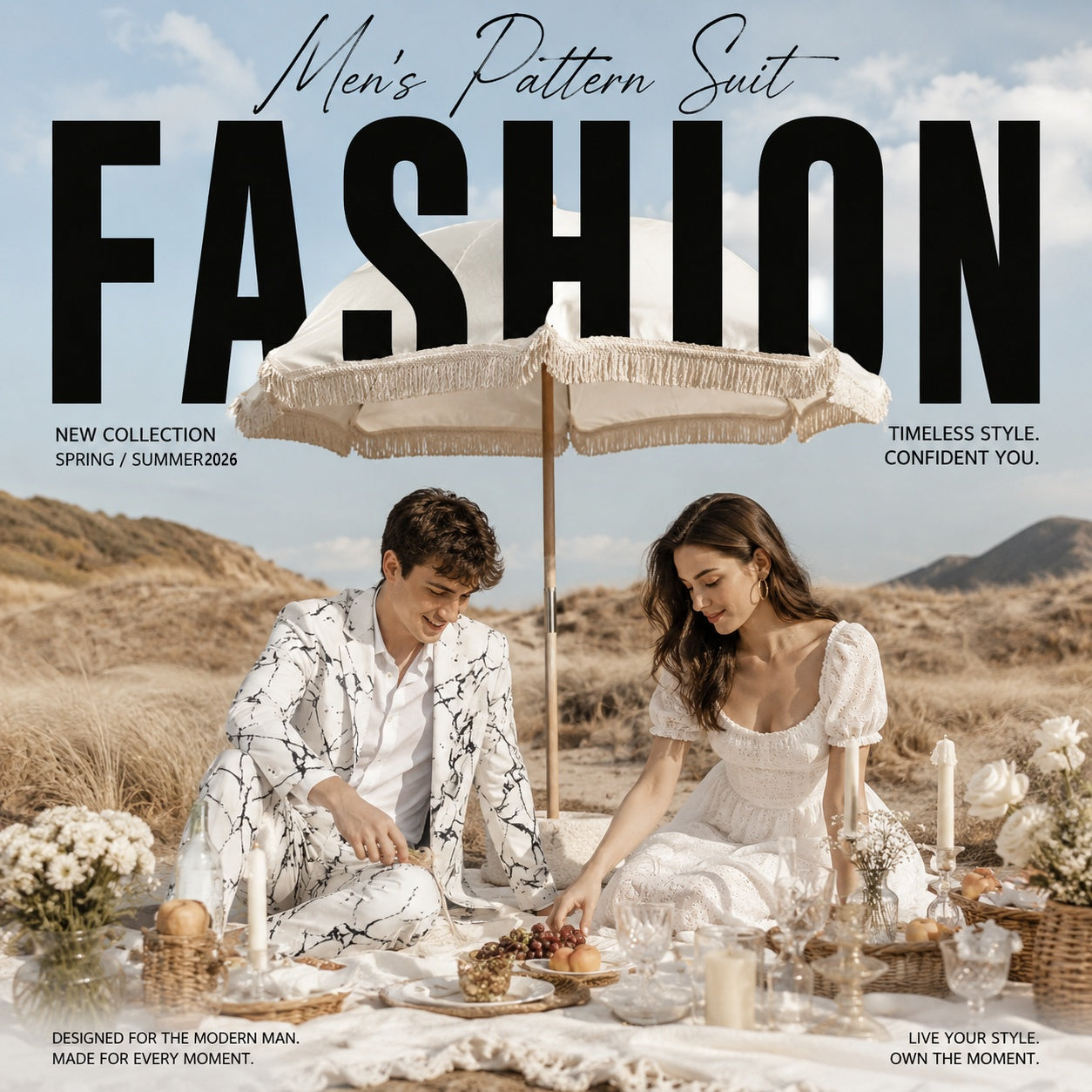 Spring Summer 2026 collection banner featuring a man in a white marble pattern suit having a luxury beach picnic with a woman in a white dress.