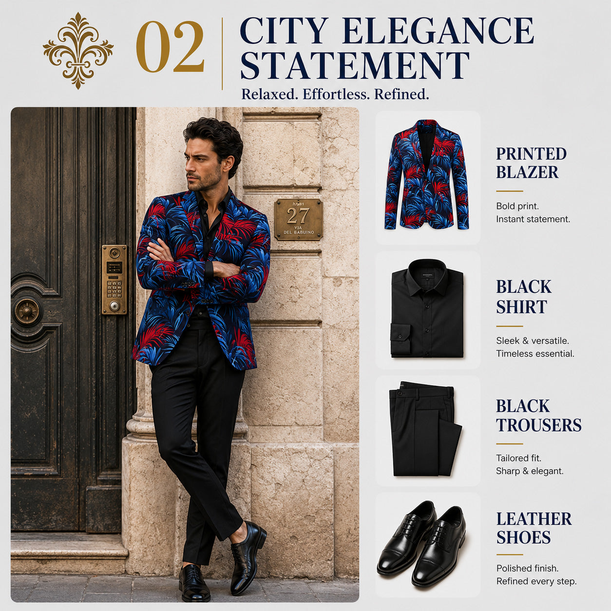 Style guide infographic titled City Elegance Statement, featuring a man leaning against a classic building wall wearing a tropical printed blazer paired with solid black trousers and black leather shoes.