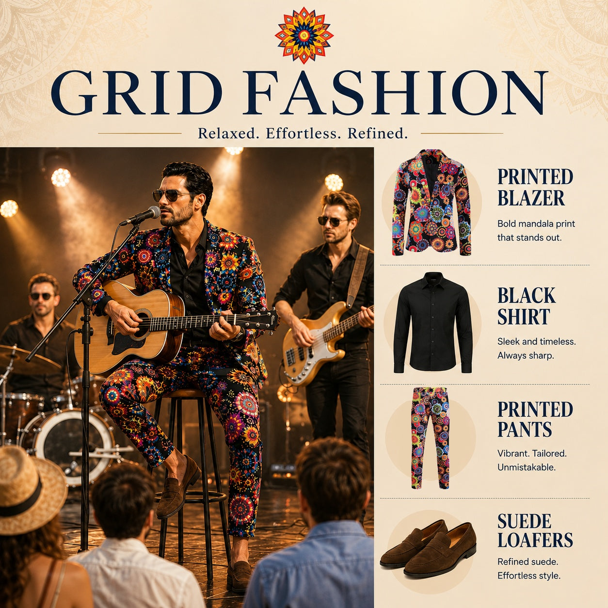 A grid fashion guide layout showing a mens vibrant mandala printed blazer paired with matching printed pants, black shirt, and brown suede loafers on a live music stage.