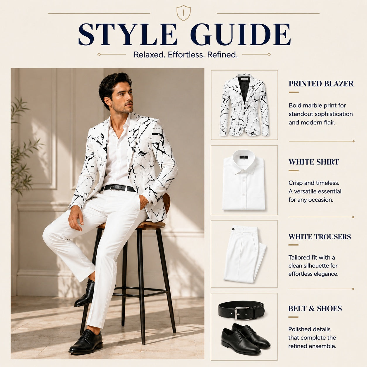 Fashion style guide infographic showing a white marble print blazer paired with a crisp white shirt, tailored white trousers, and black leather shoes.