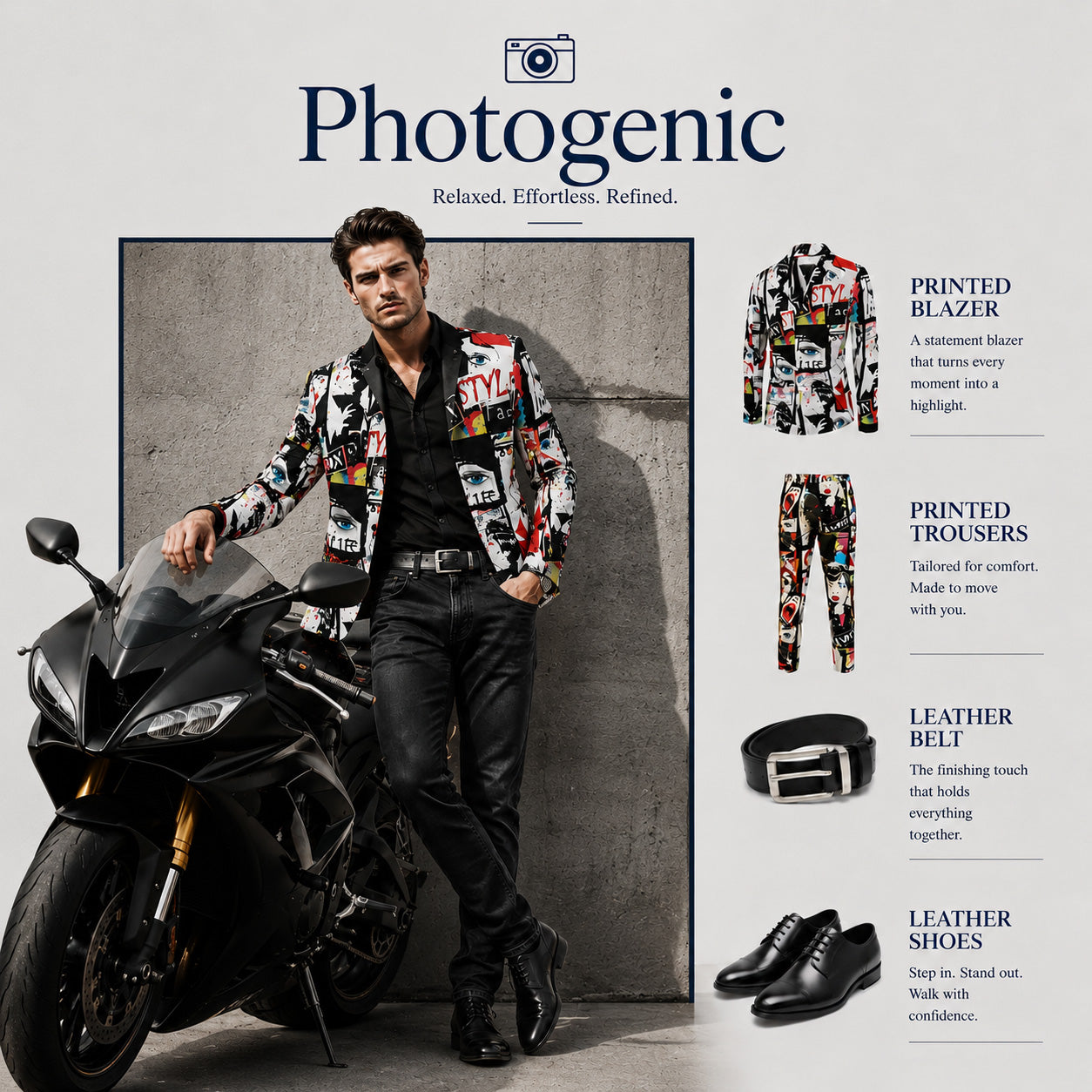 Style guide look showcasing a men's printed blazer paired with black jeans, a black shirt, and a black sport motorcycle.