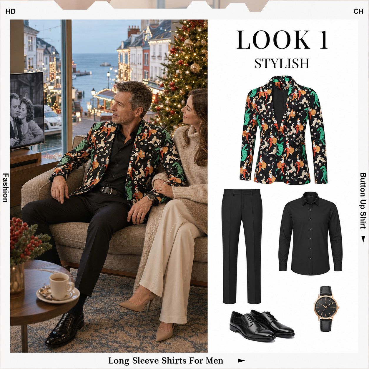 Men's Christmas printed blazer jacket styled with solid black trousers | WISHOLIC