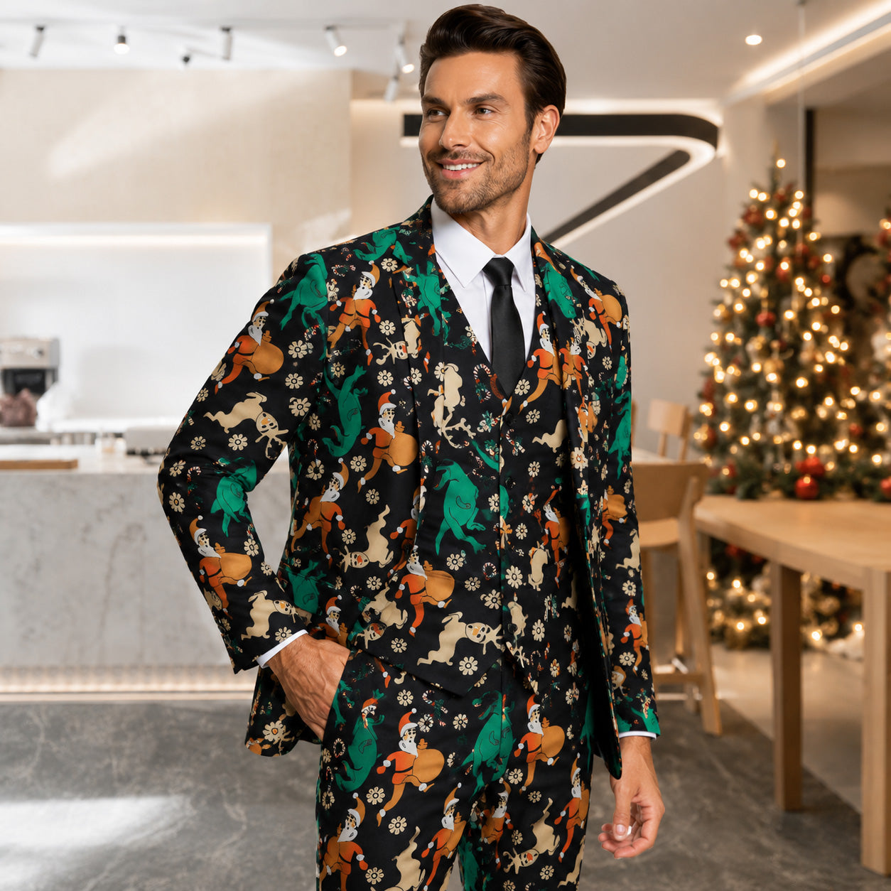 Front view of man in black 3-piece holiday suit with printed Christmas patterns