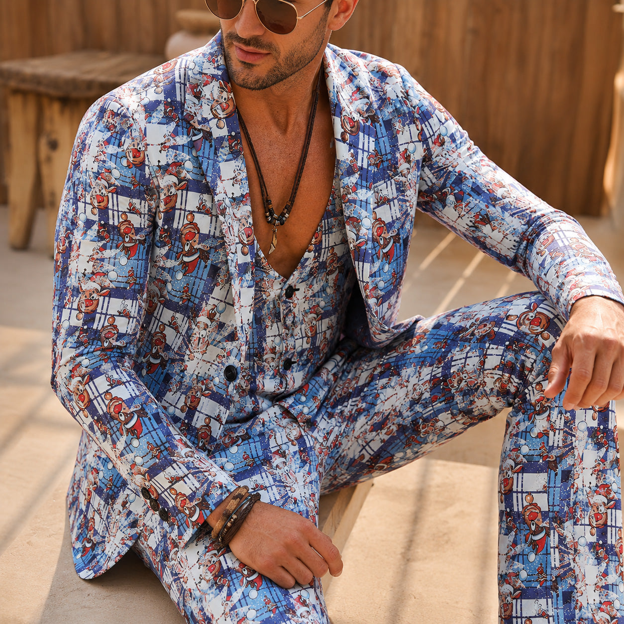 Men's festive Christmas printed 3-piece suit styled with white hat and sneakers next to a decorated Christmas tree | WISHOLIC