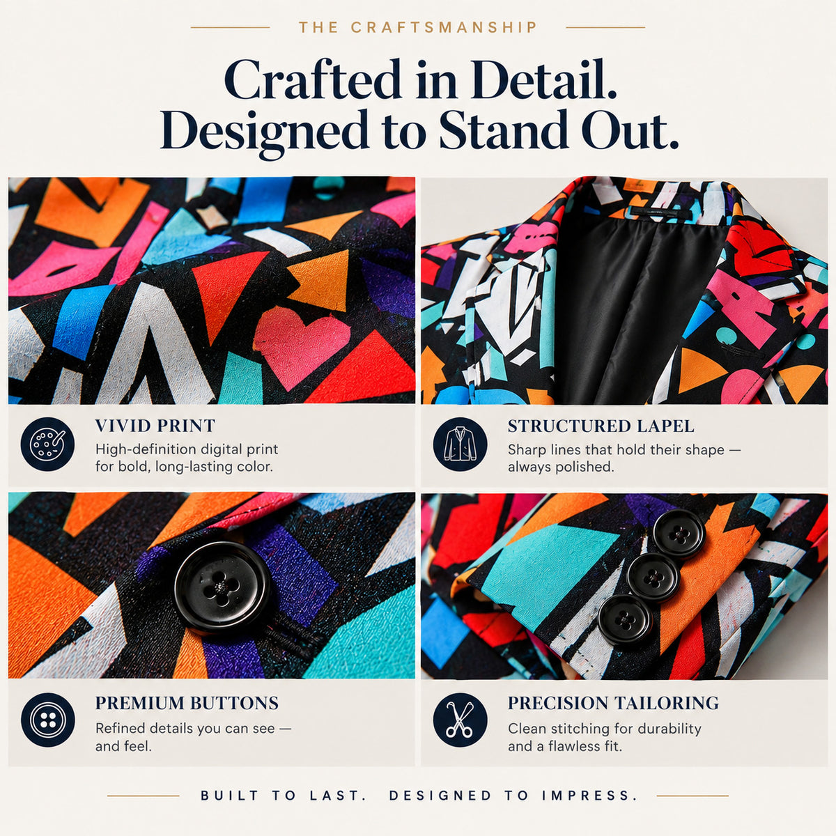 Close-up details of vivid digital print, structured lapel, premium buttons, and precision tailoring