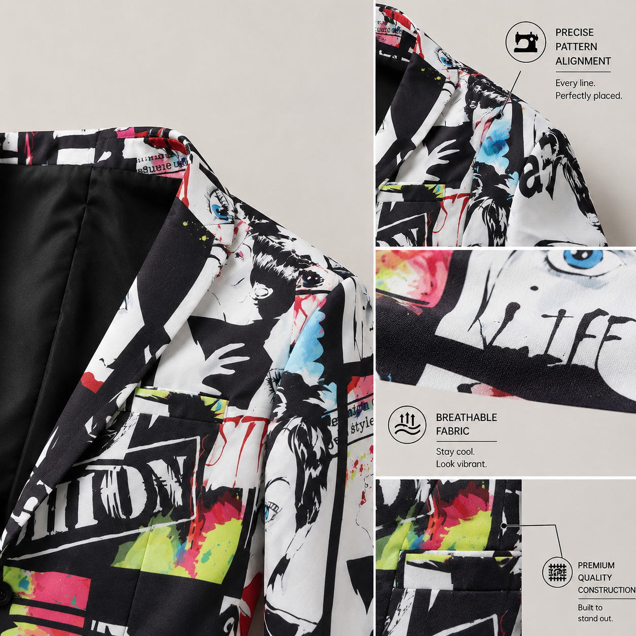 Close-up details of the men's printed suit showing premium construction, precise pattern alignment, and breathable fabric texture.