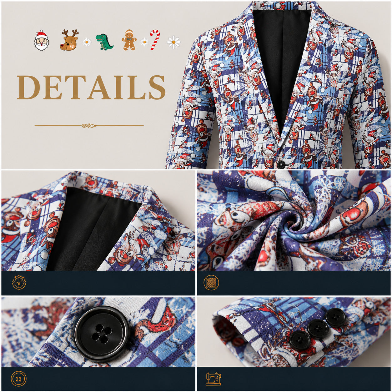 Detailed view of premium fabric, lapel stitching, and sleeve buttons on men's Christmas reindeer printed suit jacket | WISHOLIC