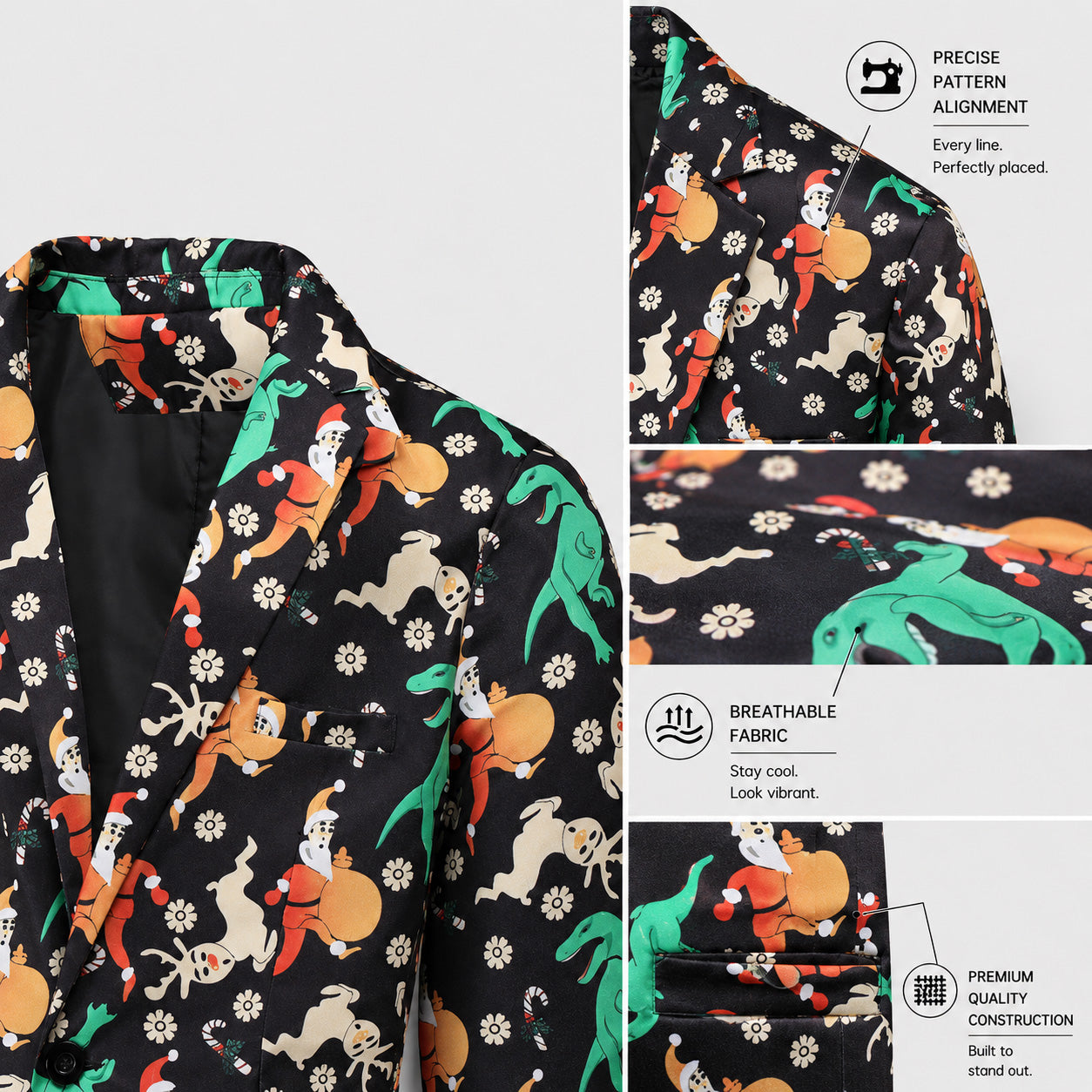 Close-up detail of pattern alignment and breathable fabric on printed Christmas suit jacket | WISHOLIC