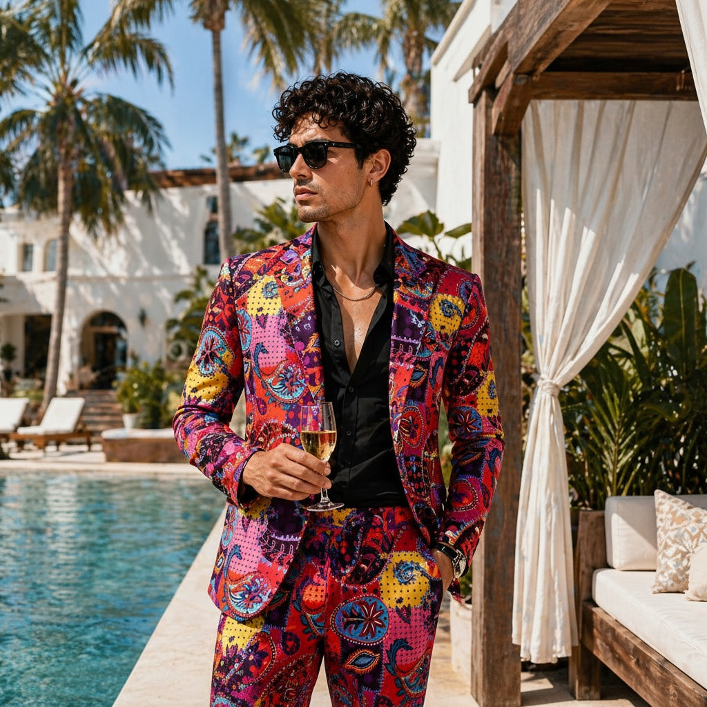 Men's vibrant patterned suit by Wisholic, perfect for luxury vacation and resort party style, poolside view.
