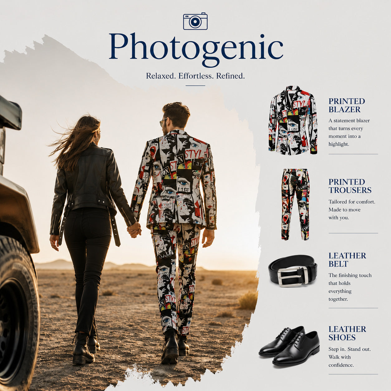Back view of a couple walking in the desert, showcasing the full fit of the men's graffiti printed suit and trousers.