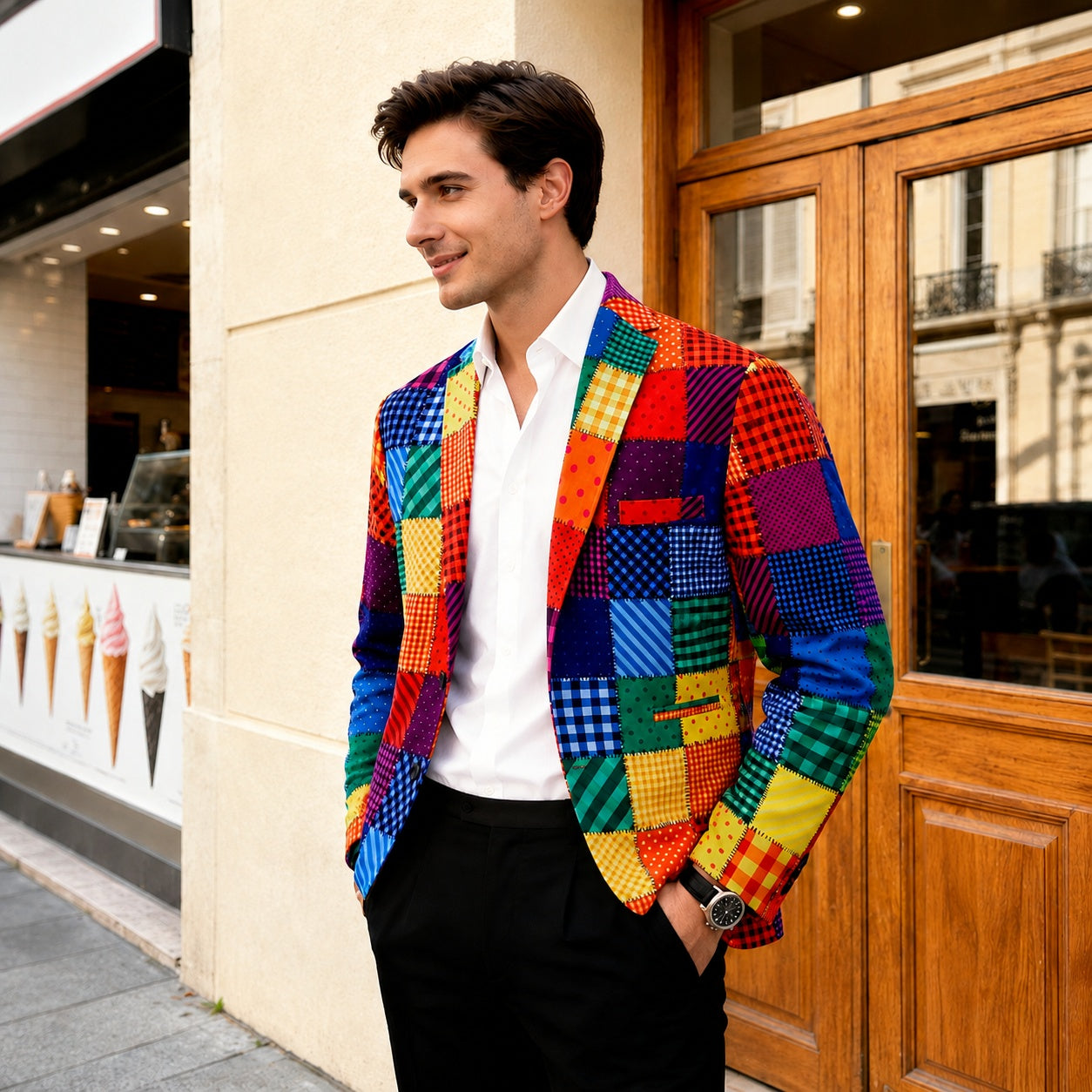 Side profile view of a model styling a vibrant rainbow patchwork blazer with a crisp white shirt and tailored black dress pants, demonstrating a high-end casual look.