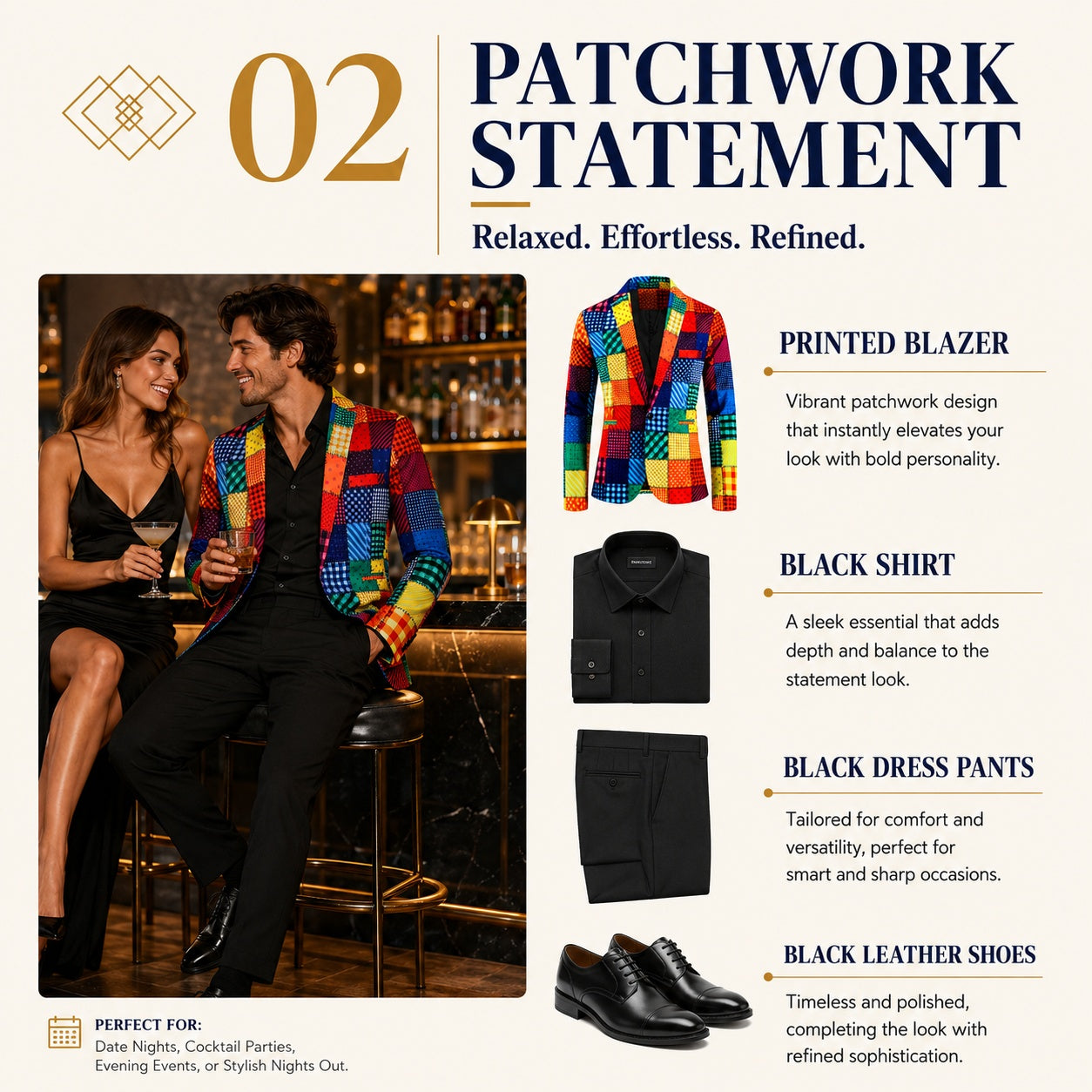 Editorial styling guide featuring a vibrant patchwork blazer paired with black dress pants for date nights, evening events, and upscale cocktail parties.