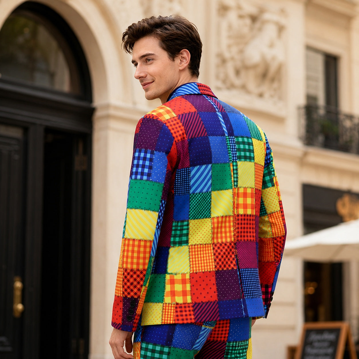 Rear 3/4 view of the rainbow patchwork suit jacket and trousers, highlighting the precise pattern alignment, professional tailoring, and sharp silhouette from behind.