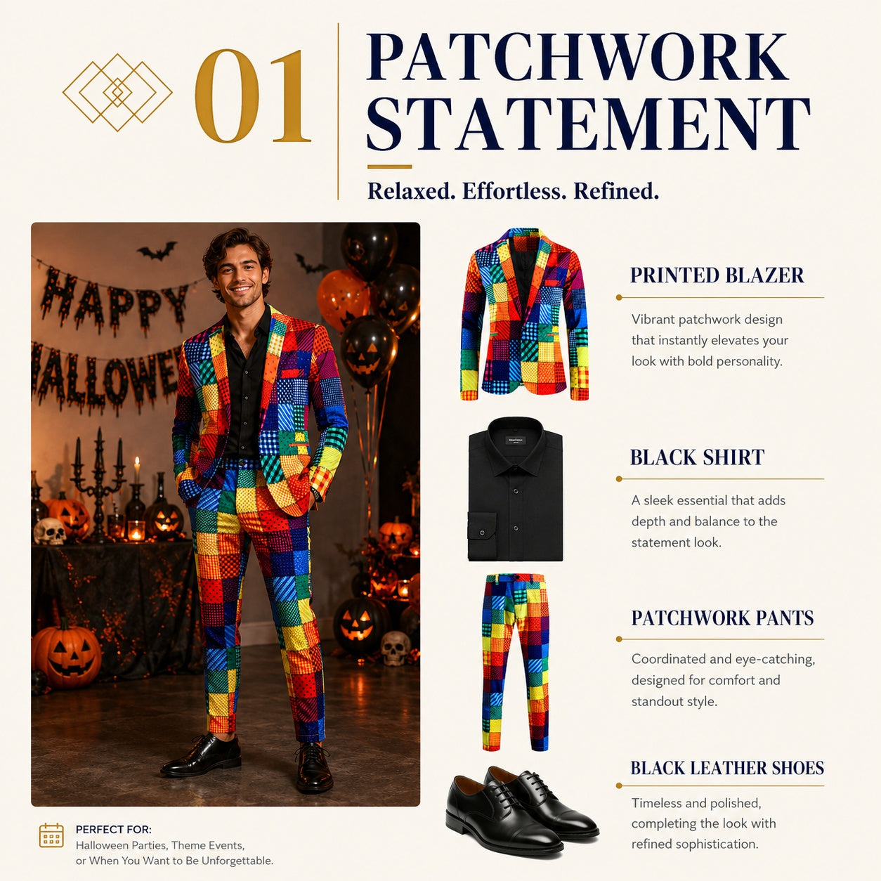 Infographic showcasing a statement patchwork suit outfit layout for Halloween or theme parties, including a printed blazer, black dress shirt, patchwork pants, and black leather shoes.