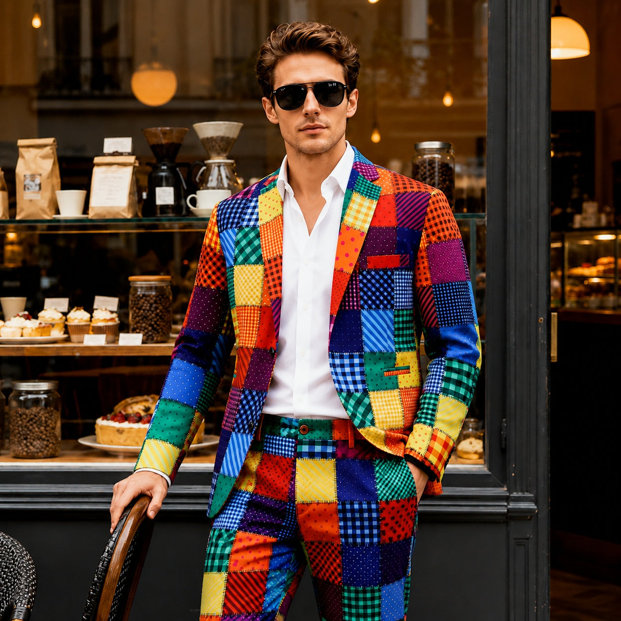 Front full-body view of a man wearing a premium vibrant rainbow patchwork suit with a white shirt and sunglasses in front of a European cafe, showcasing a perfect slim fit and artistic editorial style.
