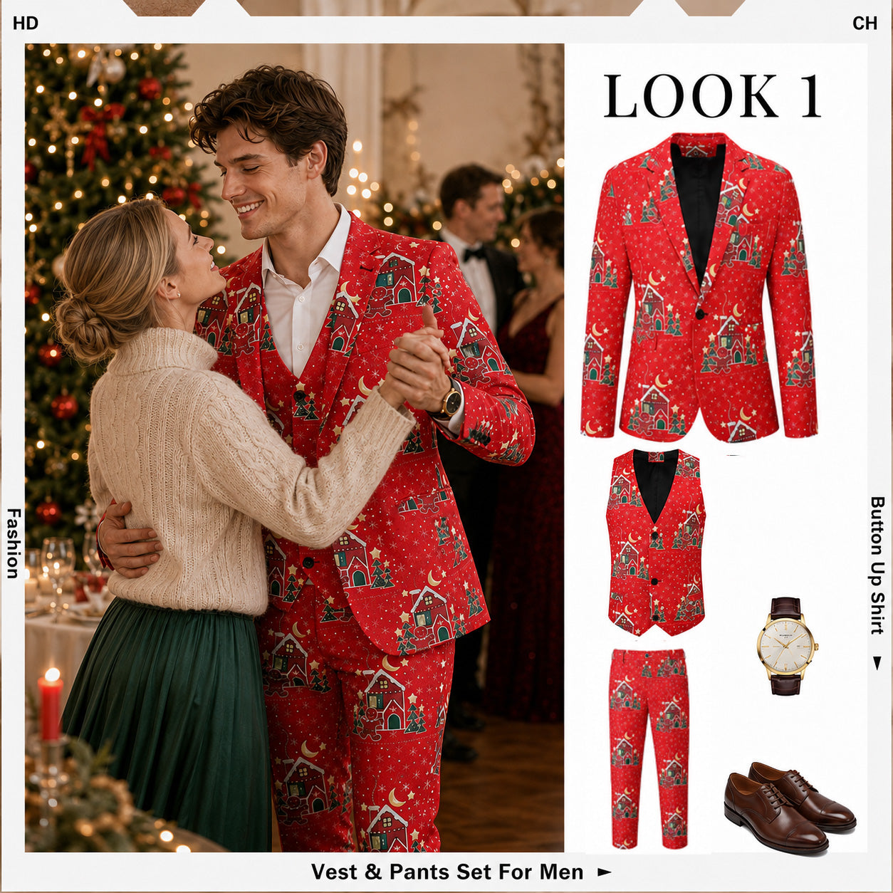 Men's red Christmas vest and pants suit outfit guide with matching shoes and accessories