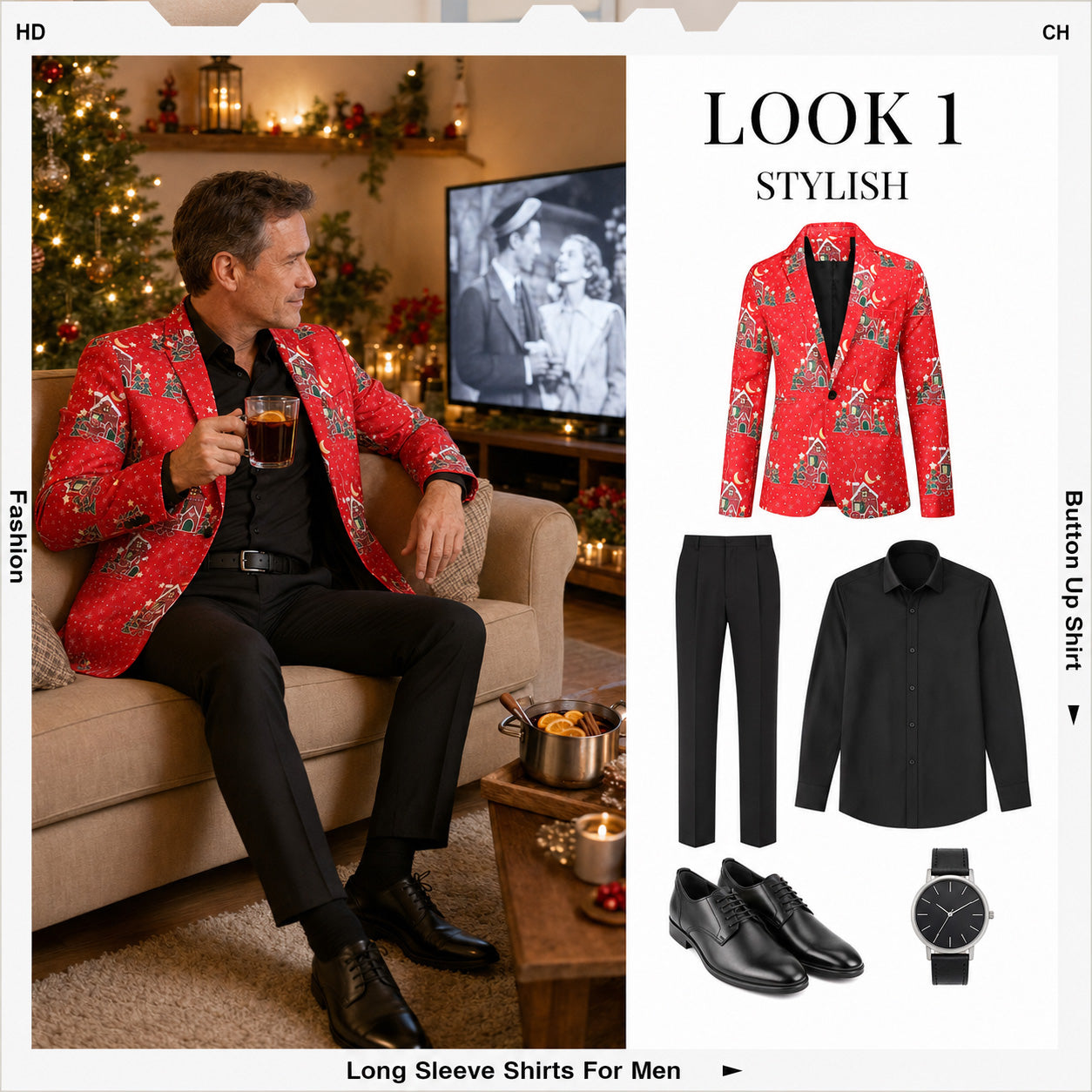 Cozy holiday look showing a red Christmas printed blazer styled with black dress pants | WISHOLIC