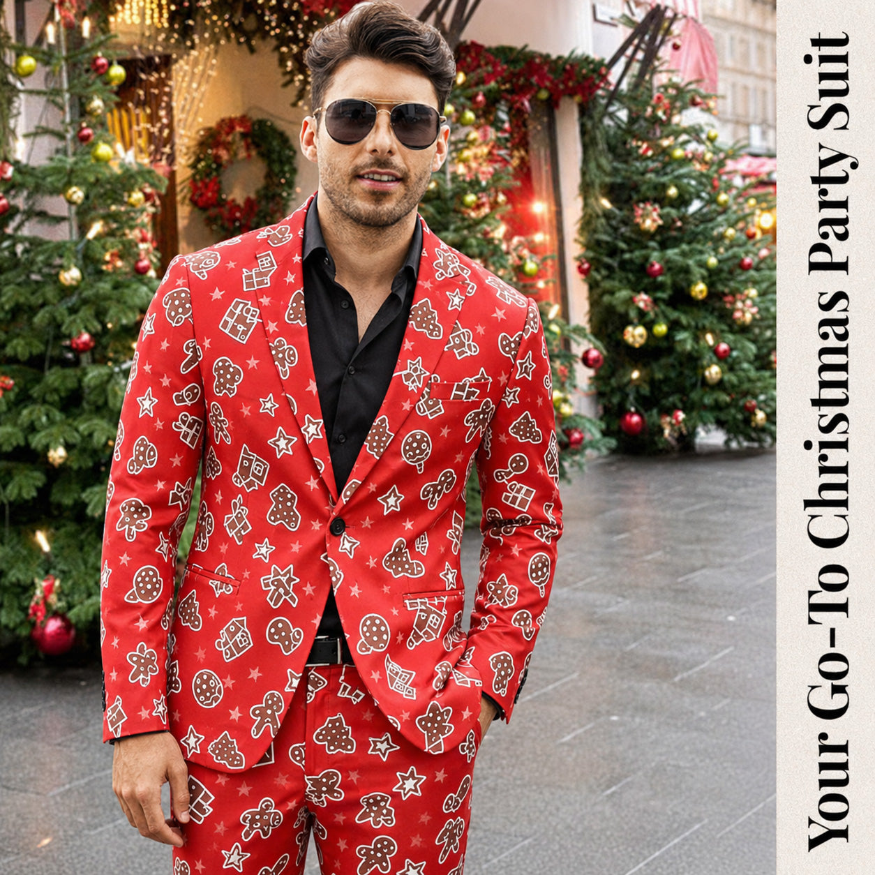 Man wearing sunglasses and a red gingerbread christmas party suit outdoors - WISHOLIC