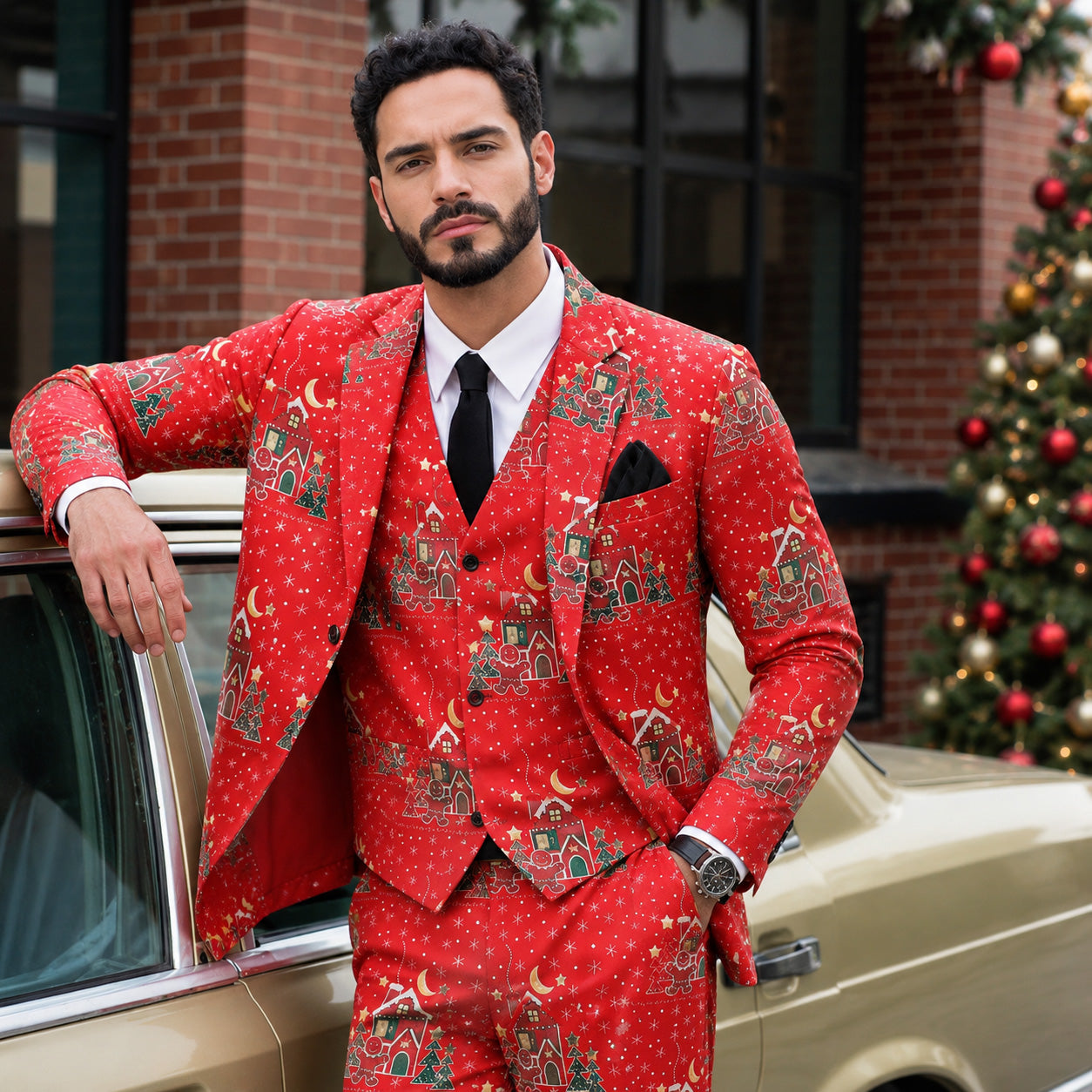 Man wearing a 3-piece red Christmas printed suit with gingerbread houses leaning against a car