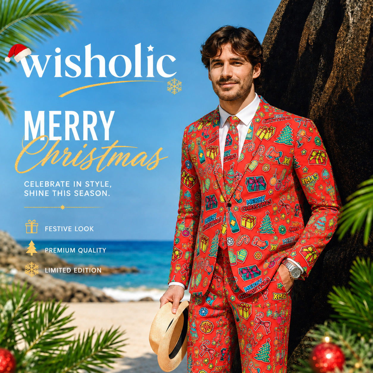 WISHOLIC promotional banner featuring a man in a red Christmas printed suit on a tropical beach