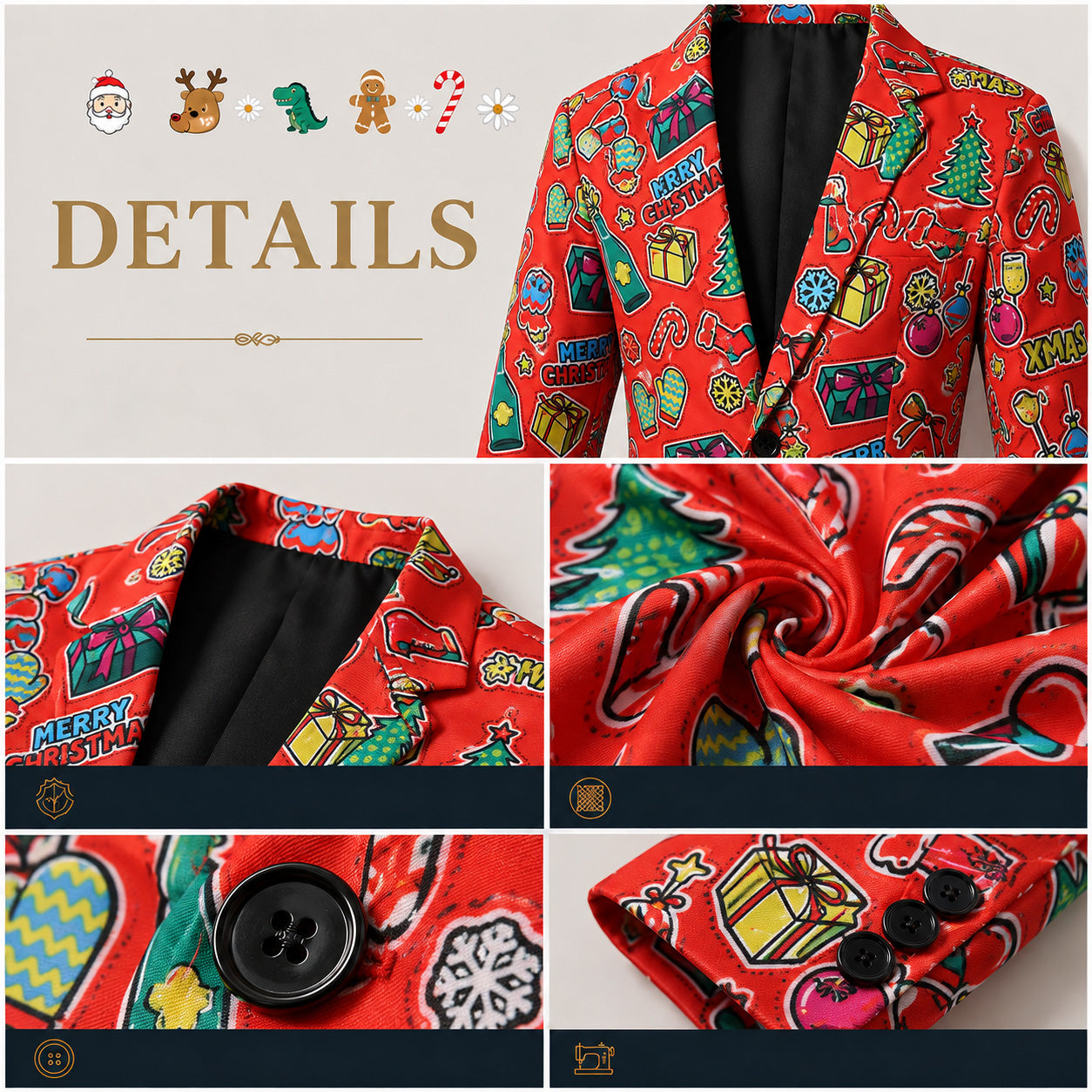 Close-up detail shots of the lapel, fabric texture, button, and cuff on a red printed Christmas suit jacket | WISHOLIC