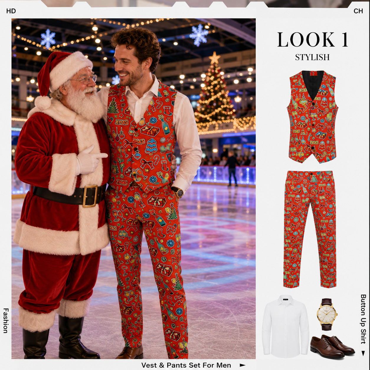A man with Santa Claus wearing a red festive printed vest and matching trousers set | WISHOLIC