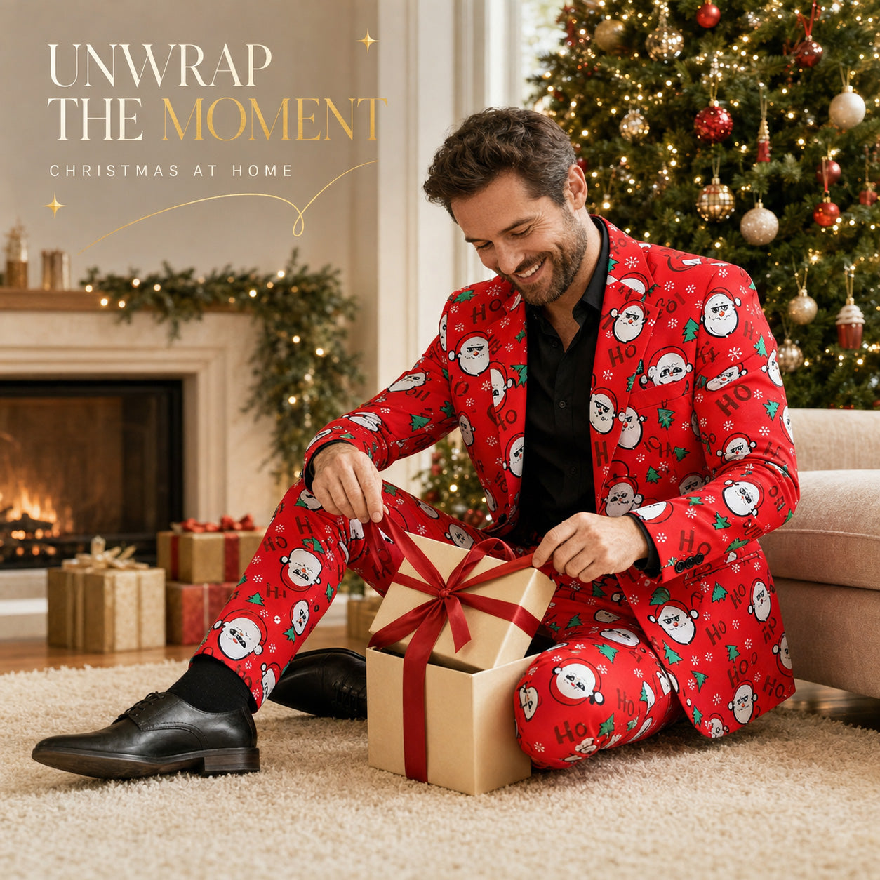 A man sitting near a Christmas tree opening a holiday gift box wearing a red Santa printed suit by WISHOLIC.