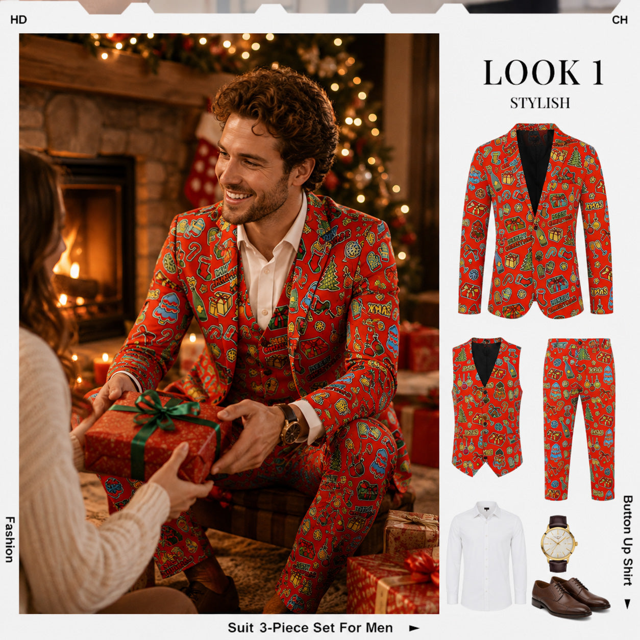 Man giving a Christmas gift while wearing a red printed suit, alongside a 3-piece suit set breakdown | WISHOLIC