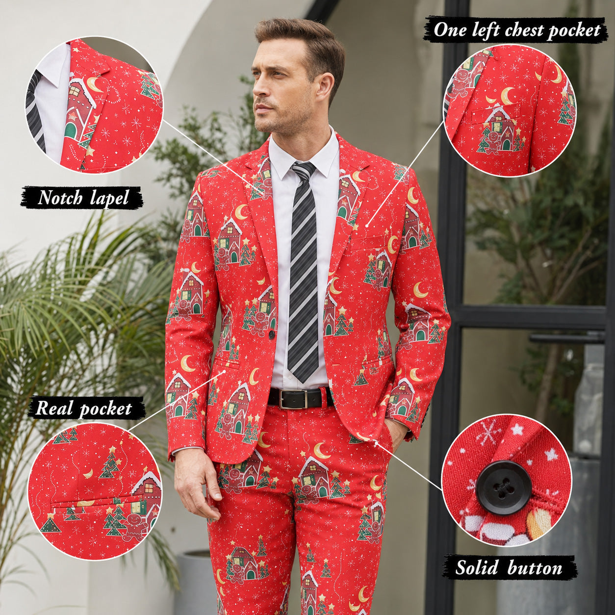 Product details of red Christmas print suit showing notch lapel, chest pocket, and solid button | WISHOLIC