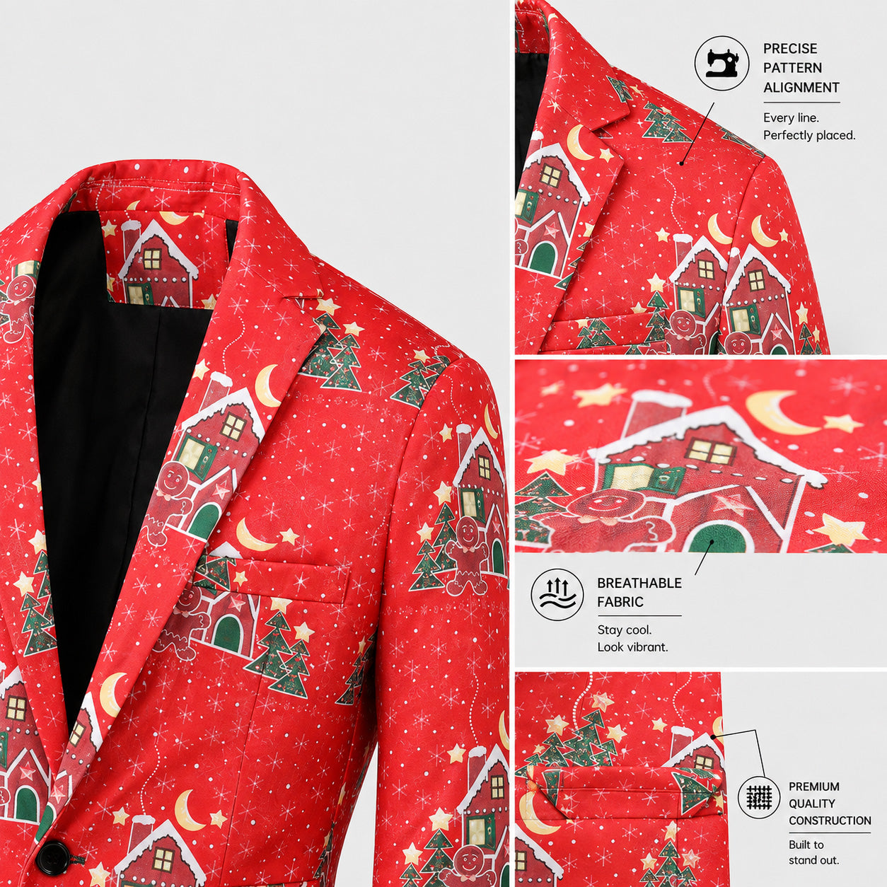 Close-up detail of red Christmas suit fabric showing precise pattern alignment and quality stitching | WISHOLIC