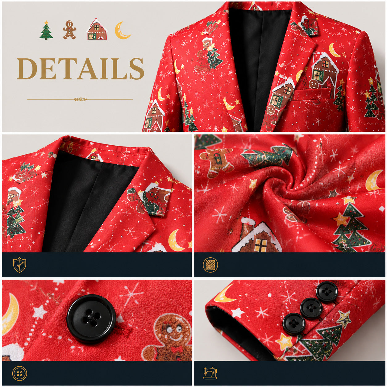 Close-up details of men's red Christmas suit showing gingerbread print, lapel, buttons, and sleeve cuff
