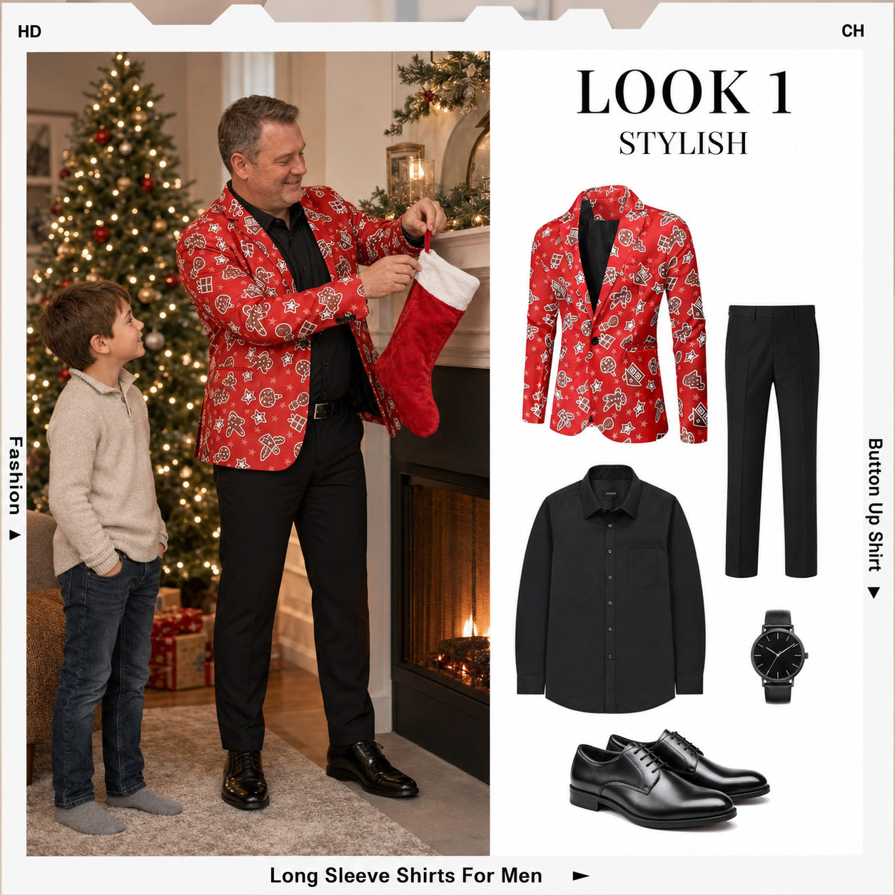 Styling look featuring a red gingerbread christmas blazer paired with black trousers and black dress shirt - WISHOLIC