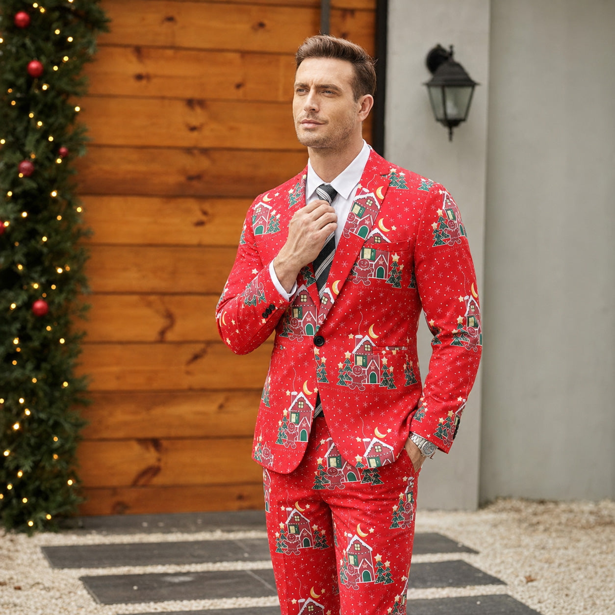 Full view of a man wearing a red festive printed 2-piece Christmas suit with tie on the street | WISHOLIC