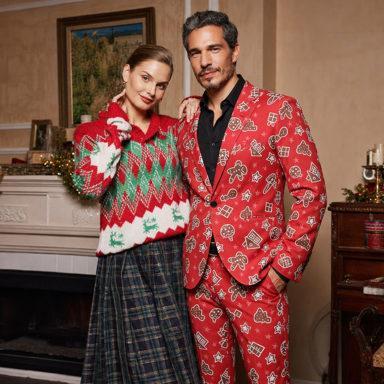 Man wearing a red gingerbread print suit standing next to a woman near a cozy fireplace - WISHOLIC