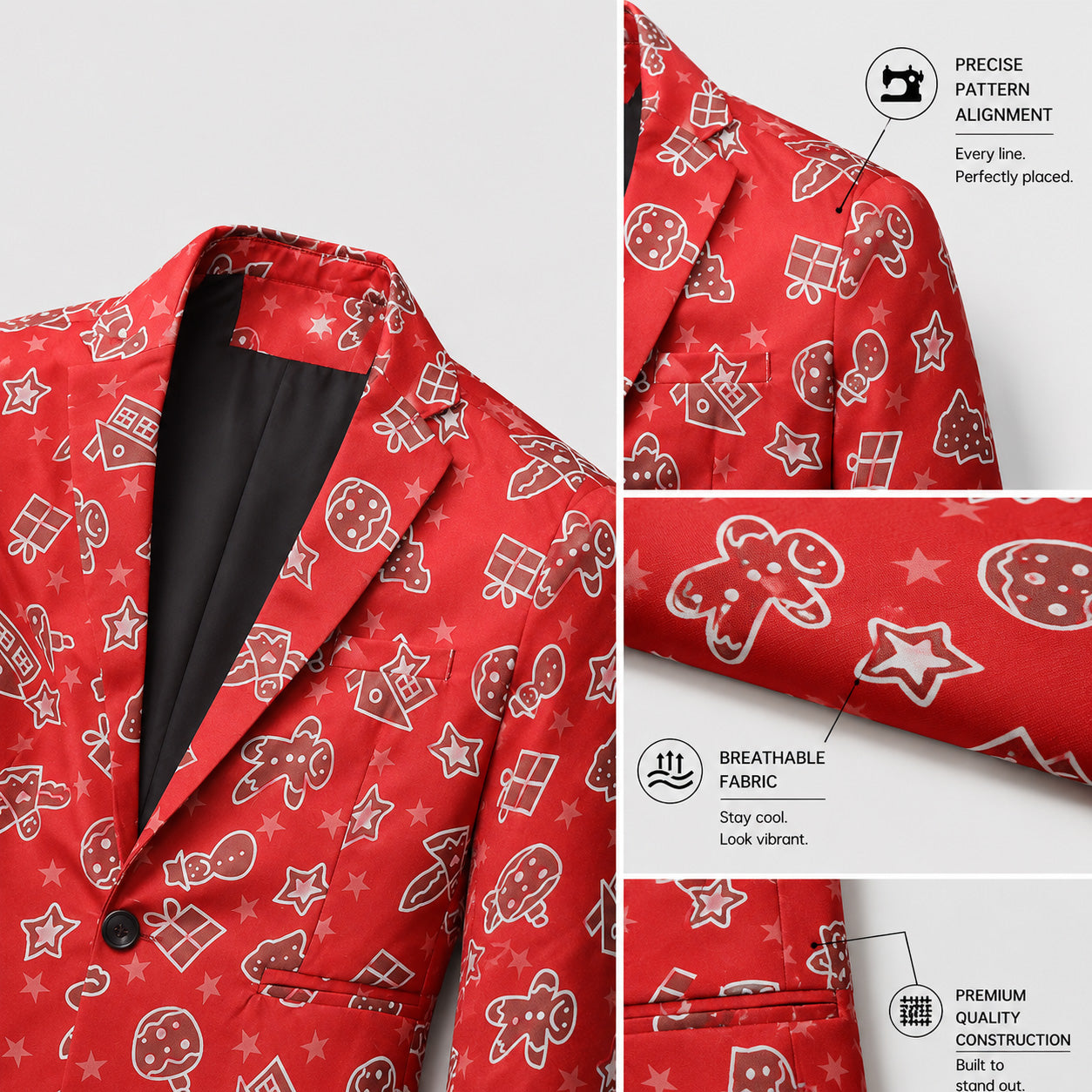 Close-up details of men's red gingerbread suit showing pattern alignment, breathable fabric, and premium construction - WISHOLIC