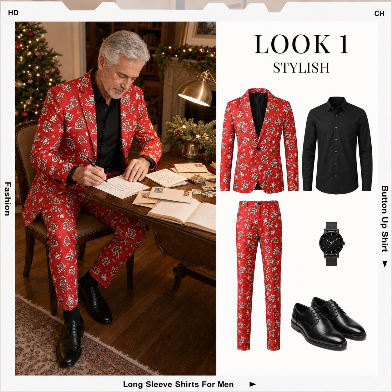 Outfit grid and styling guide for men's red gingerbread christmas printed suit set - WISHOLIC