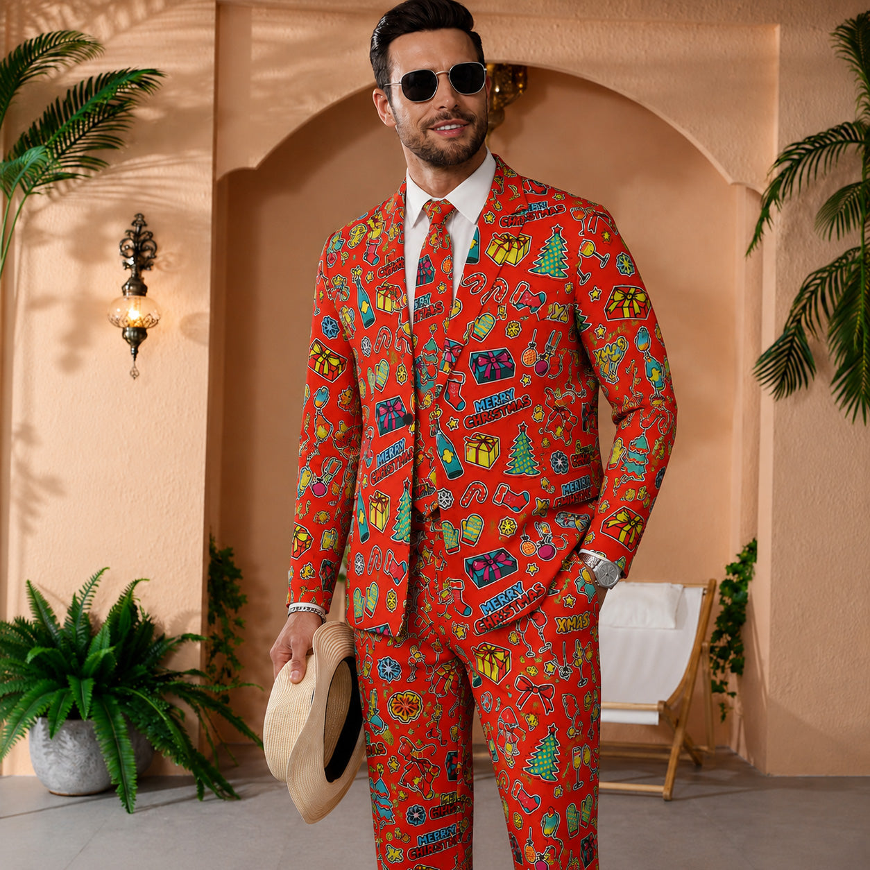 A man celebrating with confetti in a red printed Christmas suit jacket and tie | WISHOLIC