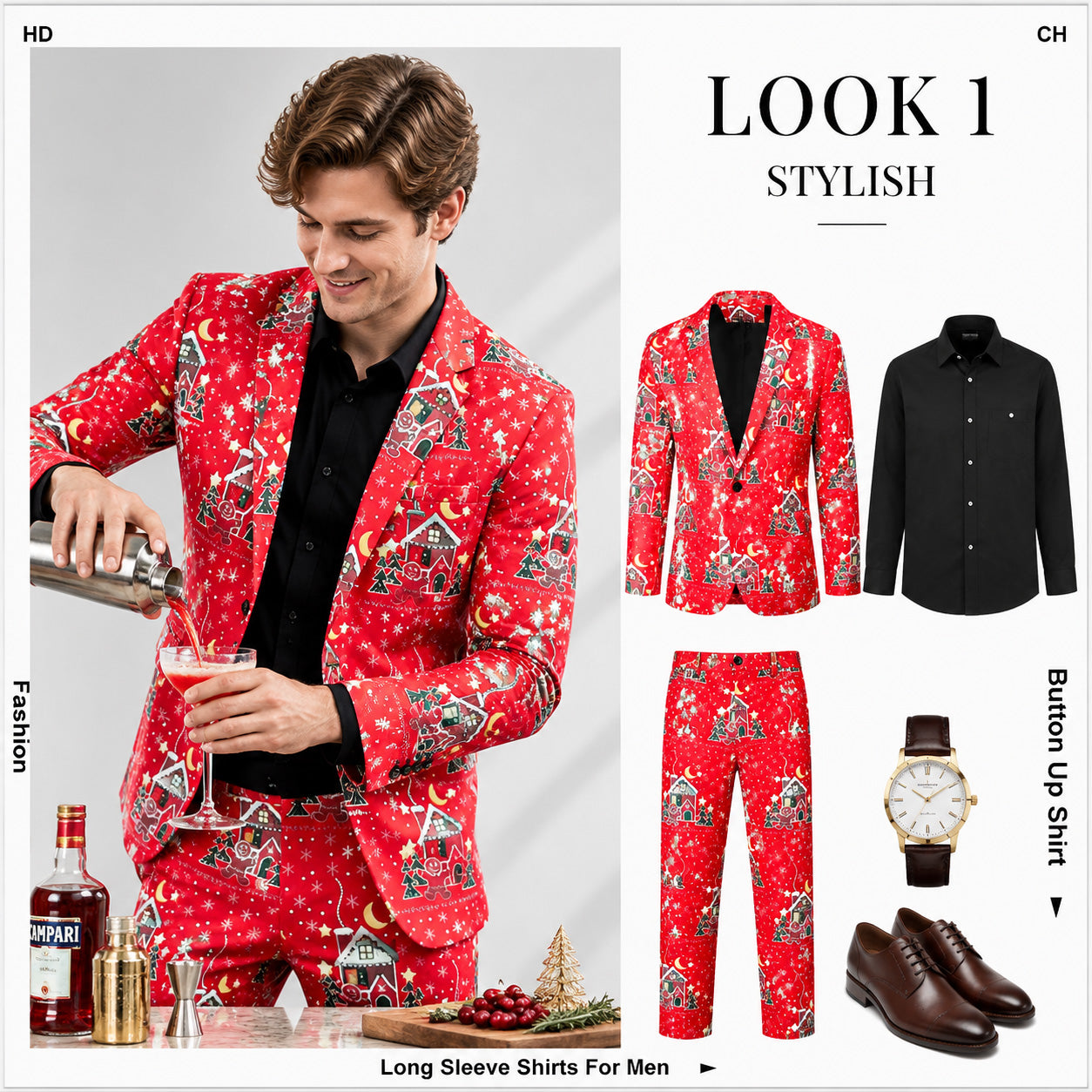 Outfit combination featuring a red printed Christmas suit paired with a black dress shirt | WISHOLIC
