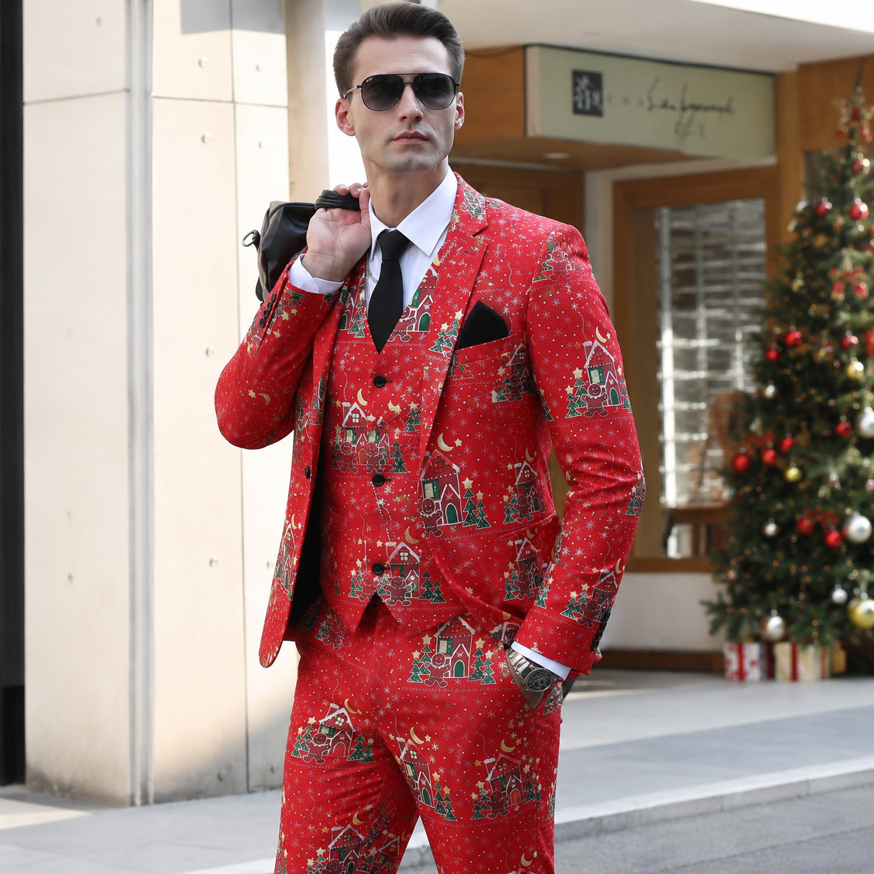 Stylish man wearing a red christmas pattern 3-piece suit with sunglasses and a duffle bag