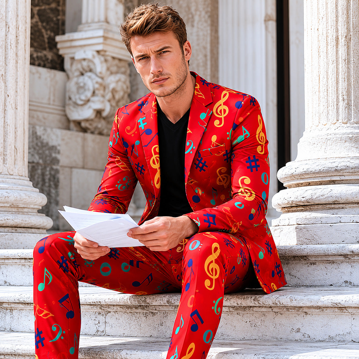 A stylish male model holding sheet music and sitting on classical white marble steps, wearing a Wisholic red men's suit adorned with colorful musical notation symbols.