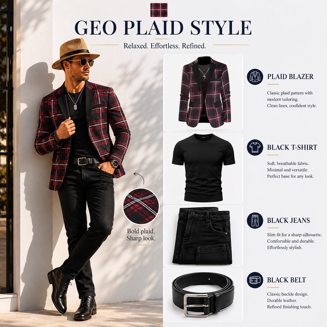 An outfit breakdown showing a men's red plaid blazer styled casually with a black t-shirt, black slim-fit jeans, and a black leather belt.