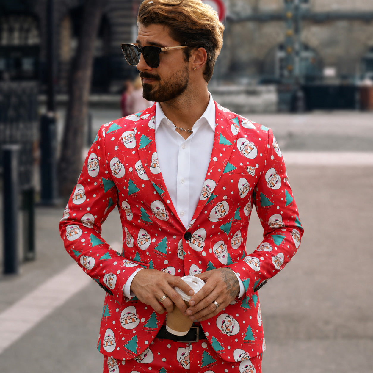Men's red Christmas printed suit with Santa Claus pattern - WISHOLIC